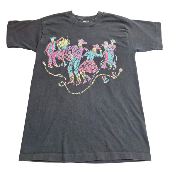 Fruit of the Loom Other - Fruit of the Loom T-Shirt Mens M Black Vintage 90s Square Dance Neon Puff Print